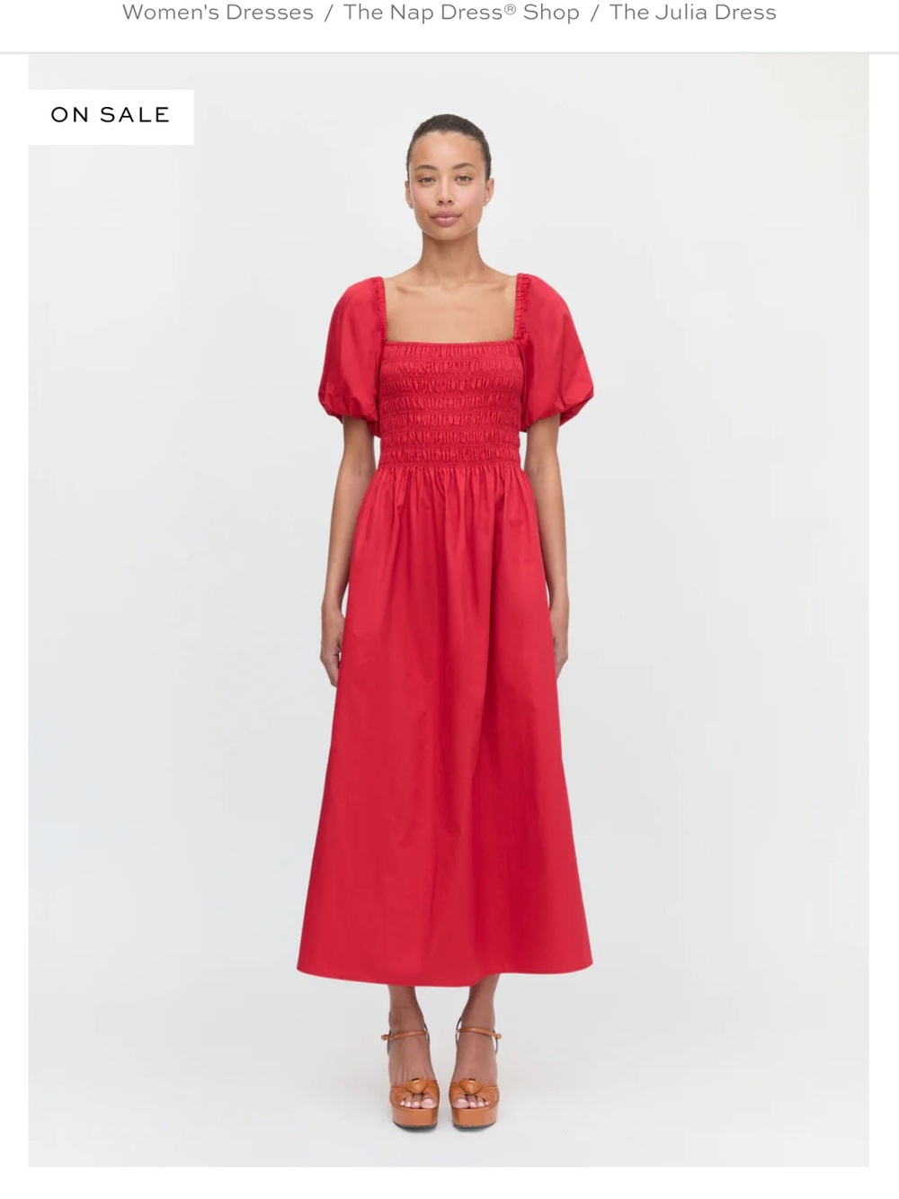 Smocked Puff-Sleeve Midi Dress in Red